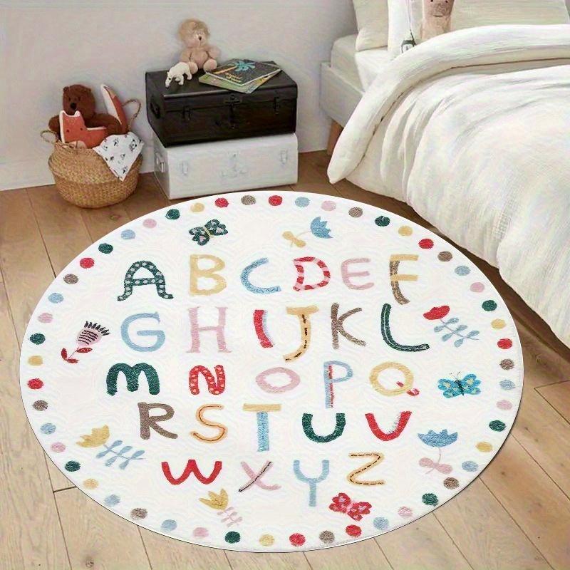 Alfombra Redonda de Felpa con Flores y Letras ABC de Colores para Niños, Tapete de Juego Educativo Antideslizante para Guardería, Habitación Escolar, Cubierta de Piso Divertida Educativa