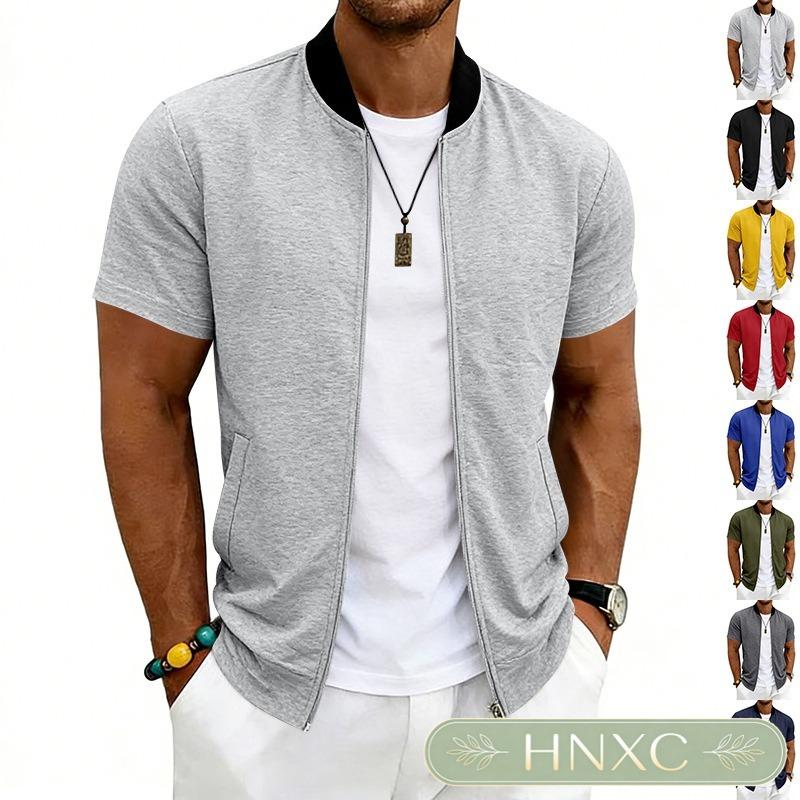 HNXC Men's Vintage Casual Solid Color Print Summer Spring Short Sleeve Stand-up collar Jackets & Coats Classic Exquisite