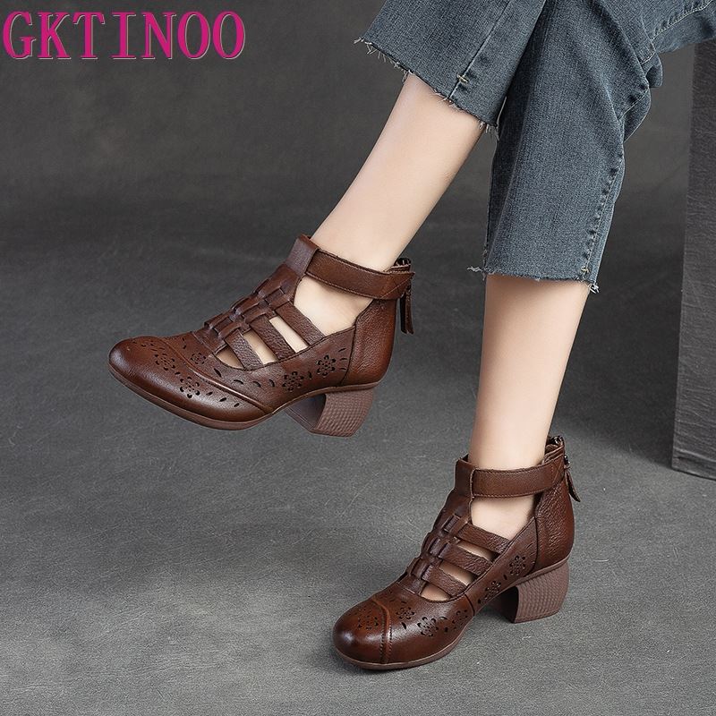 Fashion GKTINOO Women Pumps 2025 High Top Genuine Leather Women Thick High Heel Shoes Summer Hollow Breathable Gladiator Sandals