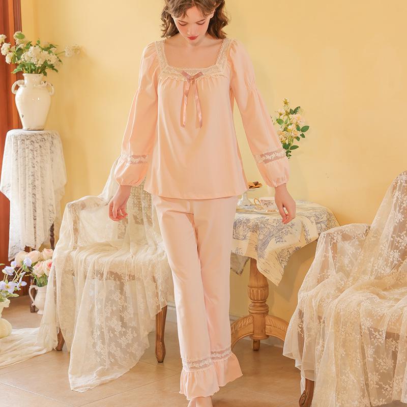 Women's Embroidered Lace Cotton Pajamas - Long Sleeve French Court Style for Spring and Autumn