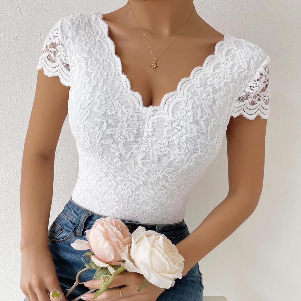 2025 Summer European & American Solid Lace-Trim Deep V Backless Bodysuit