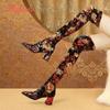 Aphixta Over the Knee Boots Embroider Flower Square Heels Shoes Women's Long Shoes Casual Pointed Toe Long Boots Women