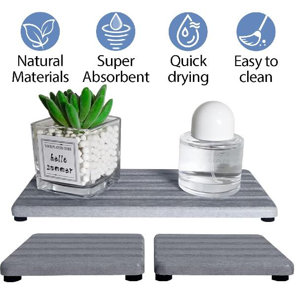 Set of 3 Diatomite Hand Soap Holder, Water Absorbing Stone Tray for Kitchen Countertop, Fast-Drying Bathroom Trays(1pcs 22 x 10cm + 2pcs 10 x 10cm