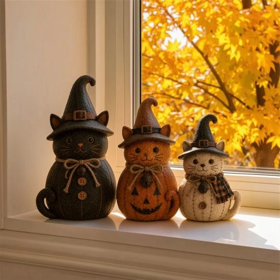 Halloween Table Decorations 3Pcs Witch Cat Dog Statues, Resin Rustic Farmhouse Small Harvest Figures Ornaments for Autumn Thanksgiving, Fireplace