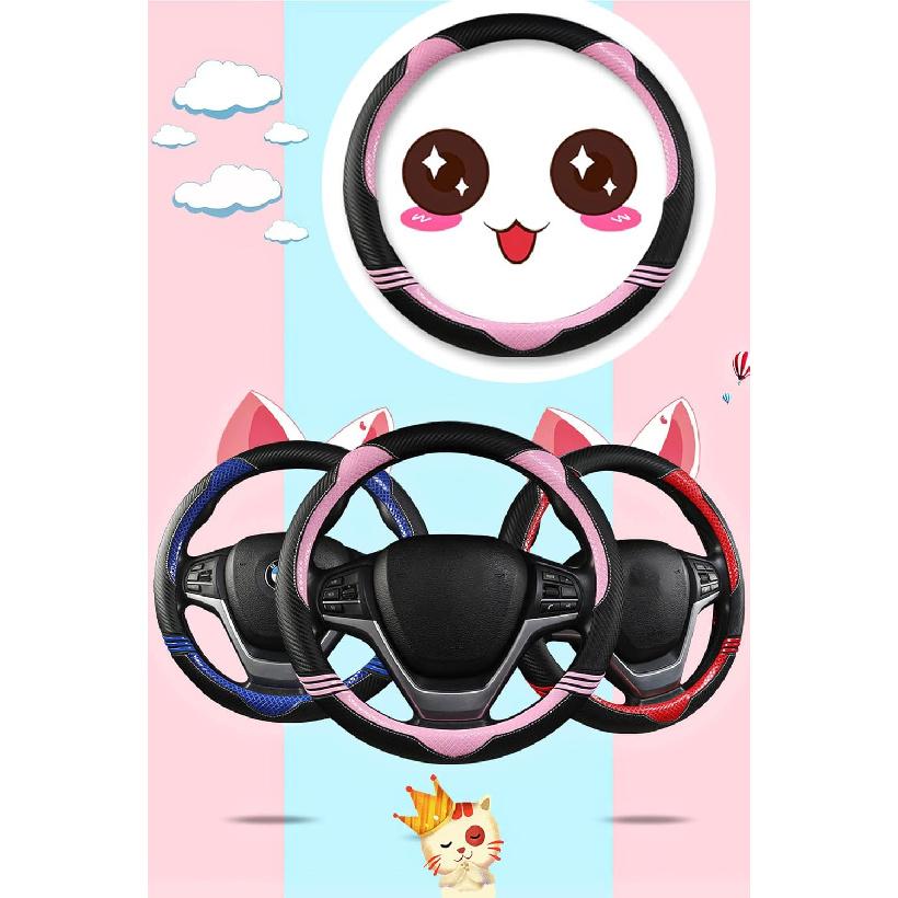 YUNZLAN Stylish Cute Cat Ear Steering Wheel Cover For Women Girl,Leather Auto Car Steering Wheel Cover Universal Fit 15 Inch Car Interior Accessories