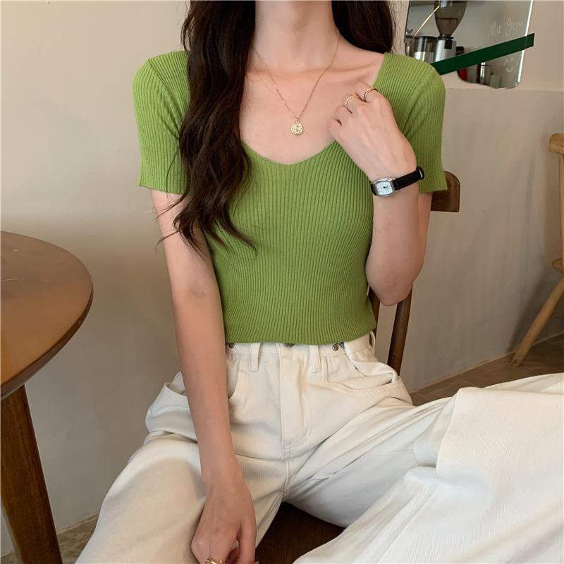 

Летняя трикотажная футболка с коротким рукавом и V-образным вырезом для женщин, модная облегающая офисная женская футболка, топы, элегантная однотонная повседневная белая футболка 24981 One Size зелёный