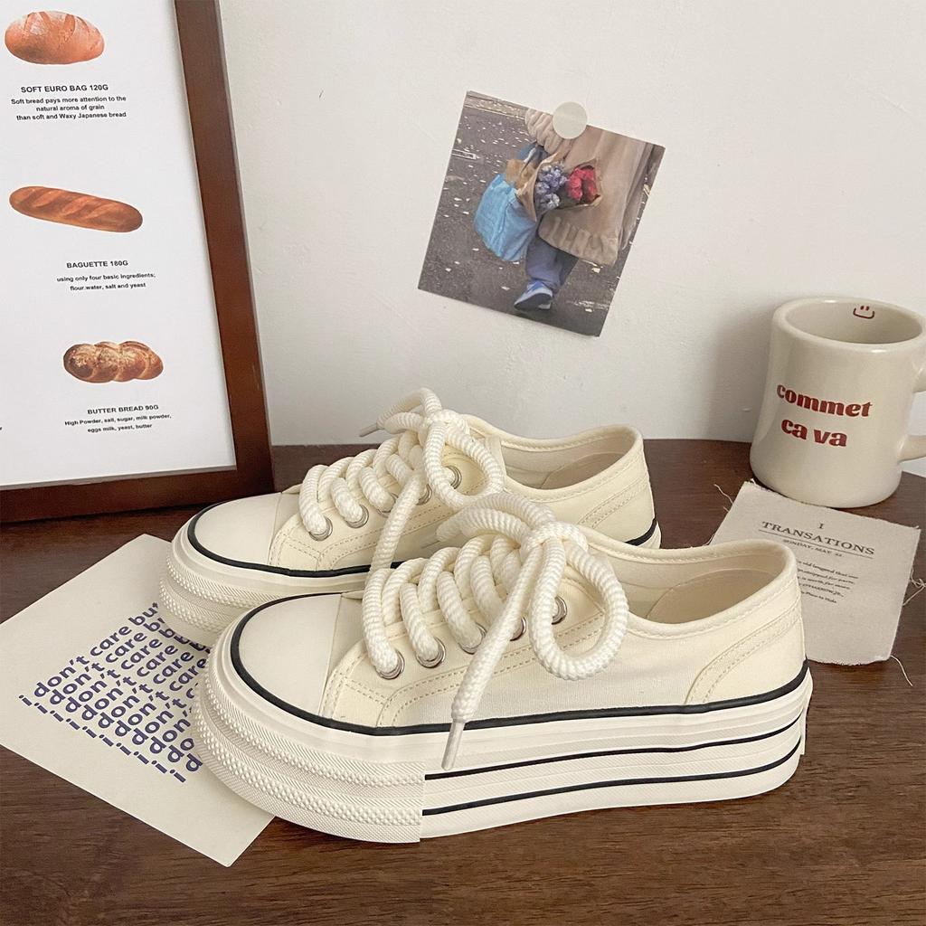 Cream platform canvas shoes women's thin summer new trendy niche big head muffin student white shoes