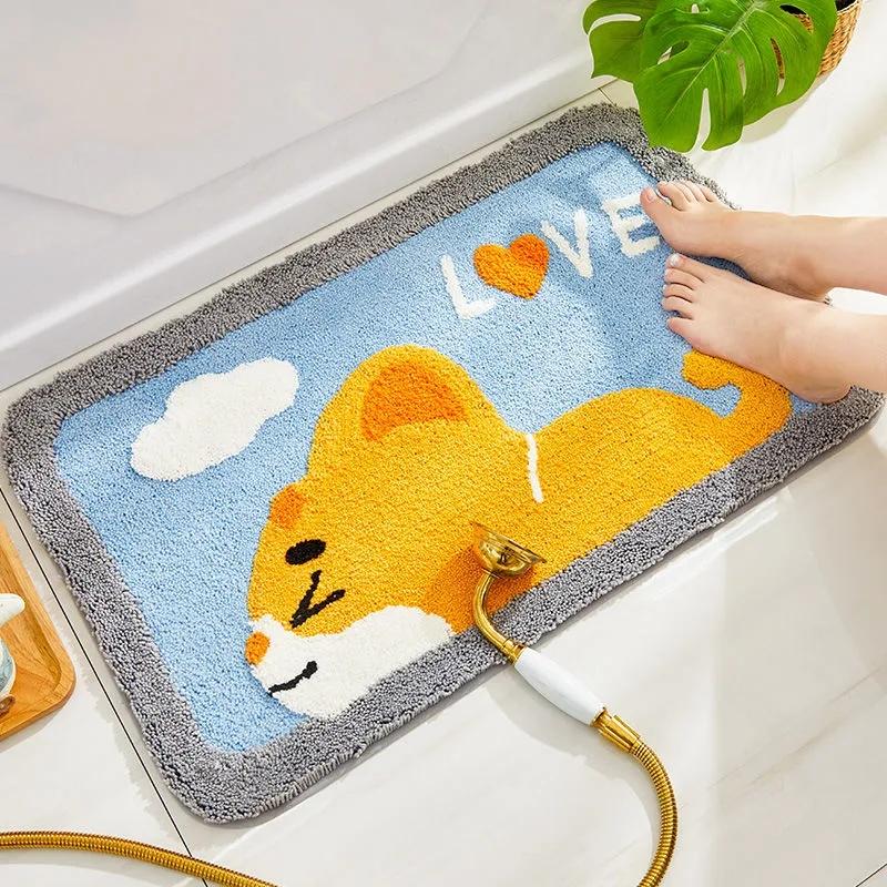 Floor Rug Door Mats Cute Animal Embroidery Bathroom Door Absorbent Pads Toilet Indoor Anti Slip Mats Welcome Mat