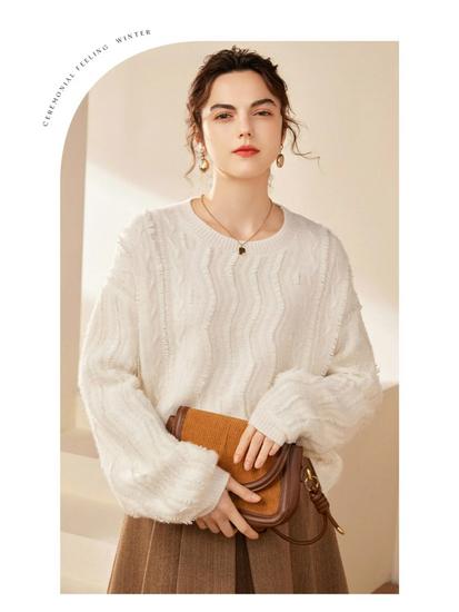 Double-Strand Tassel Round Neck 100% Pure Cashmere Sweater for Autumn/Winter 2024 - Loose Fit, Light Luxury Style for Women