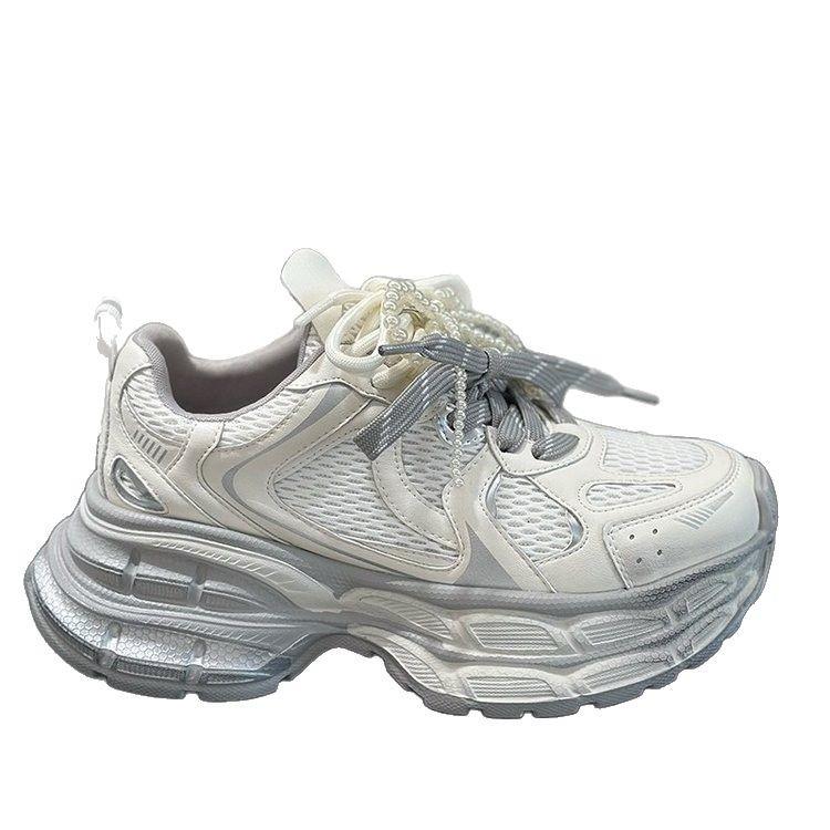 Leather Beaded Pair of Shoelaces Dad Shoes Women's 2026 Spring New Thick-soled Heightened Mesh Breathable Casual Sports Shoes