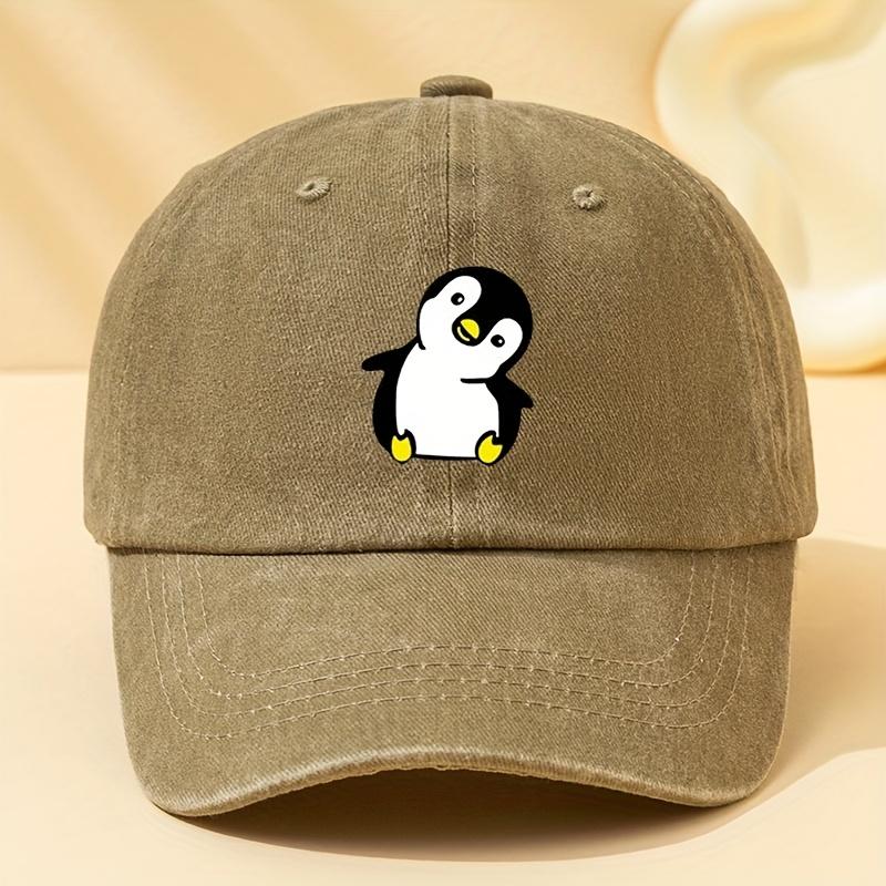 Retro washed penguin cartoon printed baseball cap suitable for men and women, suitable for adventure camping and parties