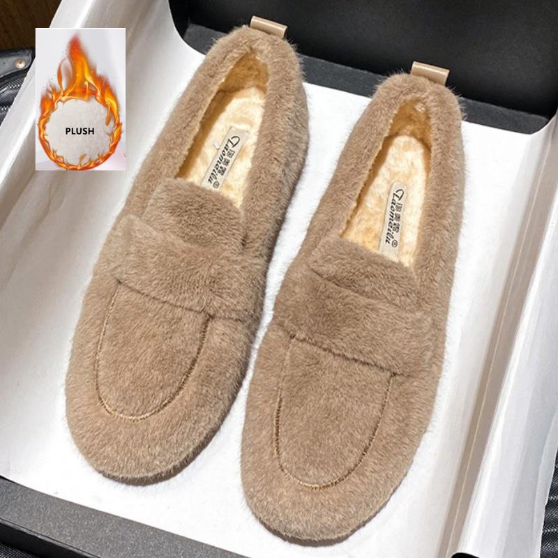 Fashion 2025 Winter New Lady Flat Outside Wearing Warm Cotton Shoes Comfy Velvet Lazy Loafers Thick Soled Big Size Shoes Mujer Zapatos