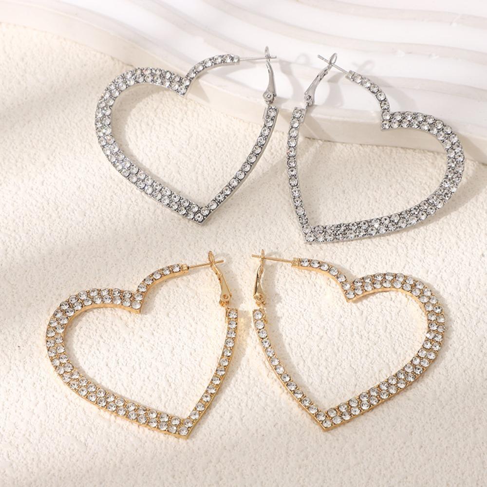 Exaggerated Romantic Full of Zircon Sparkles Geometric Great Heart Shape Hoop Earrings for Women Exquisite Temperament Jewelry