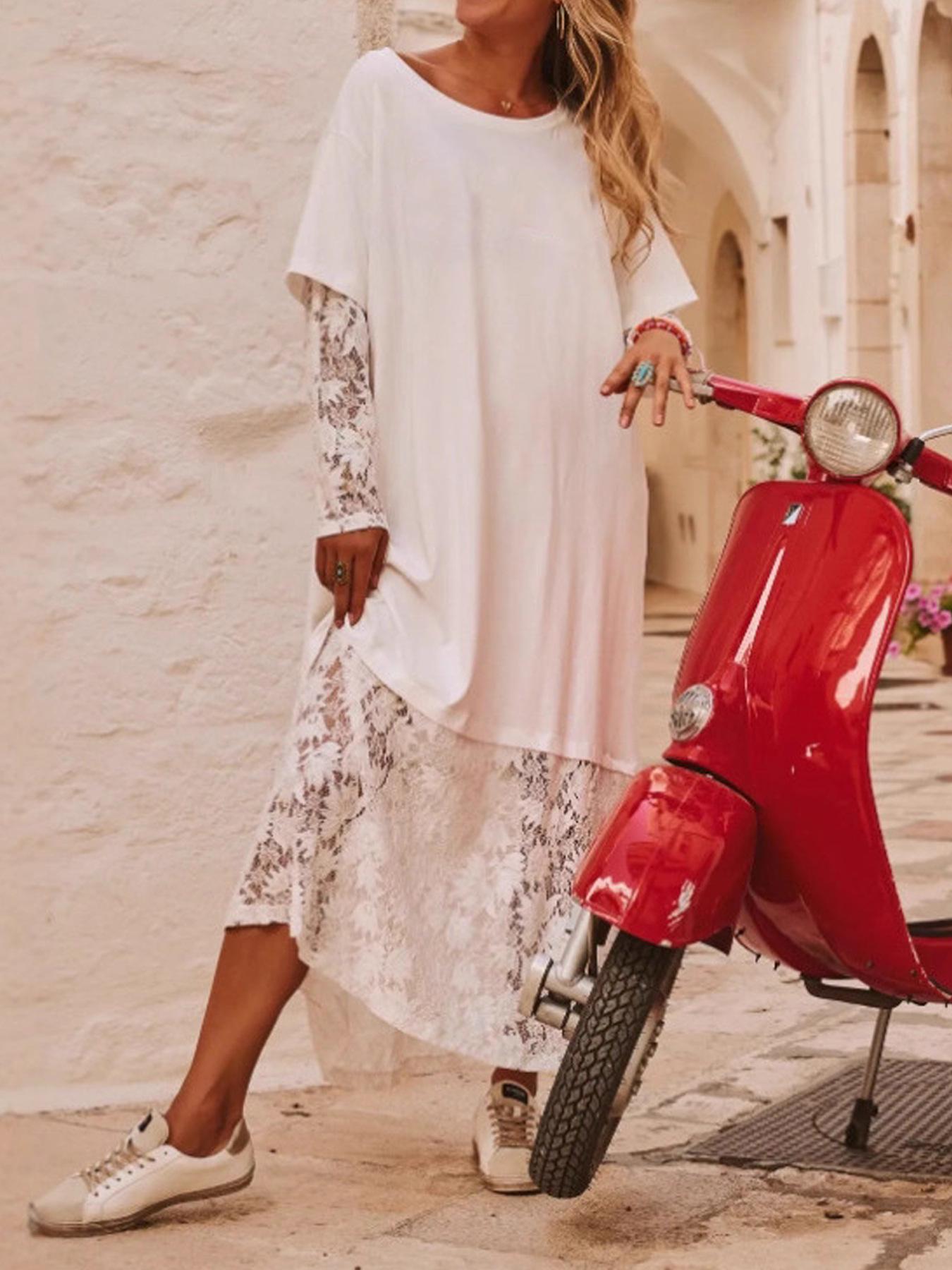 Plus Size Women s Double Layer Lace Patchwork Beach Dress 3XL
