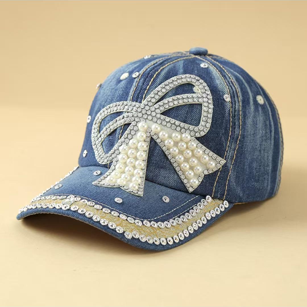 Pearl bowknot denim rhinestone sun visor baseball cap adjustable