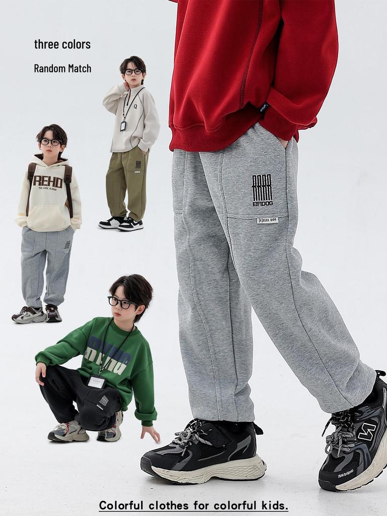 Boys' Plush Fleece Sweatpants - 2025 Autumn/Winter Collection: Thick, One-Piece, Loose Fit for Older Kids