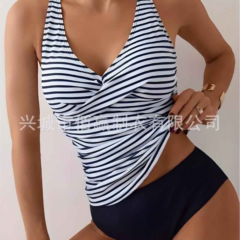

Women s Striped Halter Tankini Set Twist Front High Waist Two Piece Swimsuit Modest Beach Bathing Suit S темно-синього кольору