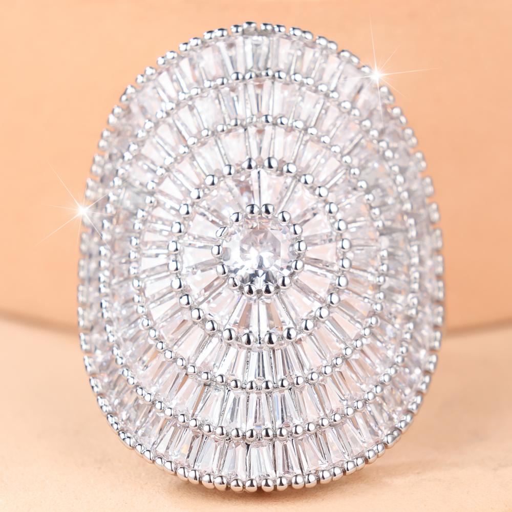 Luxurious Silver/Gold Color Huge Baguette Zircon Sunburst Cocktail Ring for Women Party