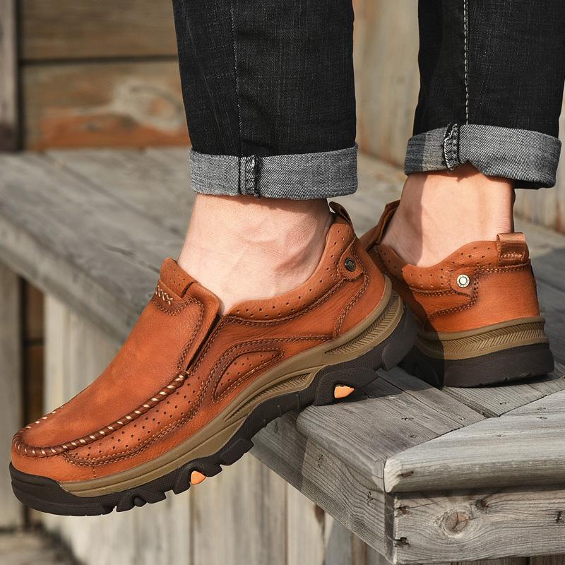 Fashion Genuine Leather Casual Men Shoes Fashion Handmade Comfortable Brand Loafers Breathable Non-Slip All-match Outdoor Hiking Shoes