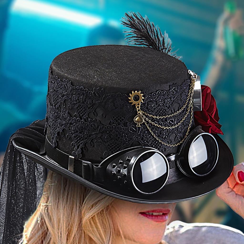 Gothic Hat Costume Top Hat Costume Headgear with Rose Removable Goggles Chain for Men Movie Props Cosplay Halloween Party