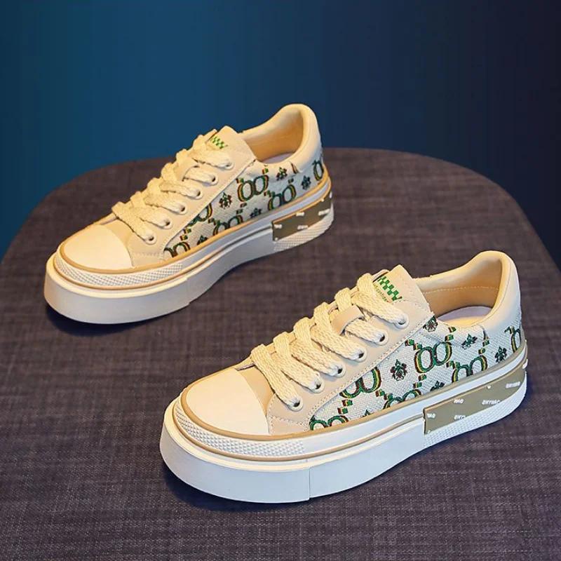 Fashion Whit Lace Up Female Footwear Sports Women's Shoes Low Canvas High On Platform Athletic Sneakers Light Cotton Casual Summer 2025