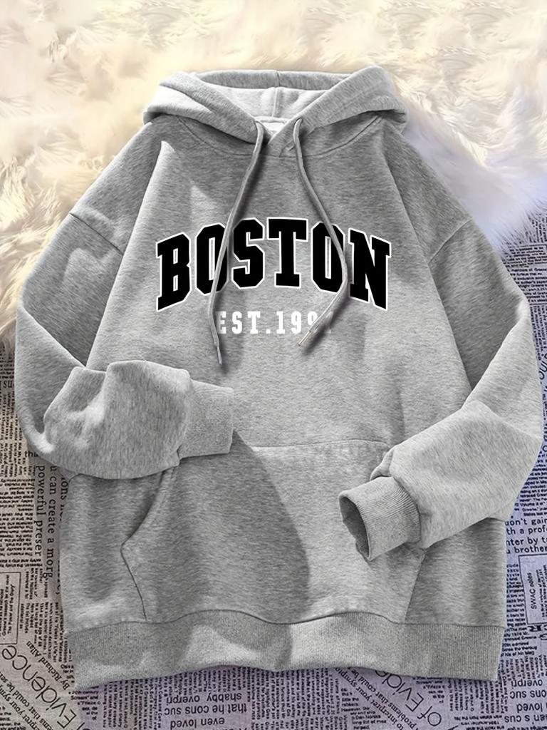 Varsity inspired men hoodie with Boston EST.1997 curved letter printing, Hip Hop Sports campus casual daily sweatshirt