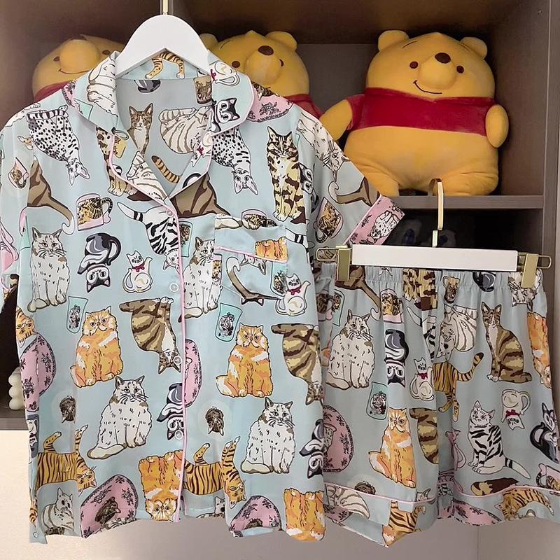 

Чжао Рут То же Кот Ледяной Шелк Пижама Женская Летняя с Коротким Рукавом Шорты Мультяшный Комплект Домашней Одежды 2XL