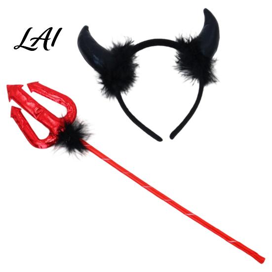 Red Black Devil Outfit Accessories Horns Headband Pitchfork Lace Eye Masque Set Halloween Dark Style Costume for Party Demon Adults Masquerade