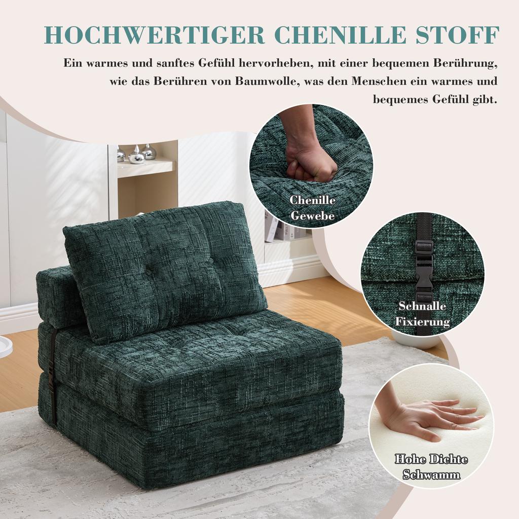 Foldable Sofa Bed with Cushions, Foldable Mattress with Backrest, Comfortable Floor Sofa for Living Room and Bedroom (Dark Green Chenille)