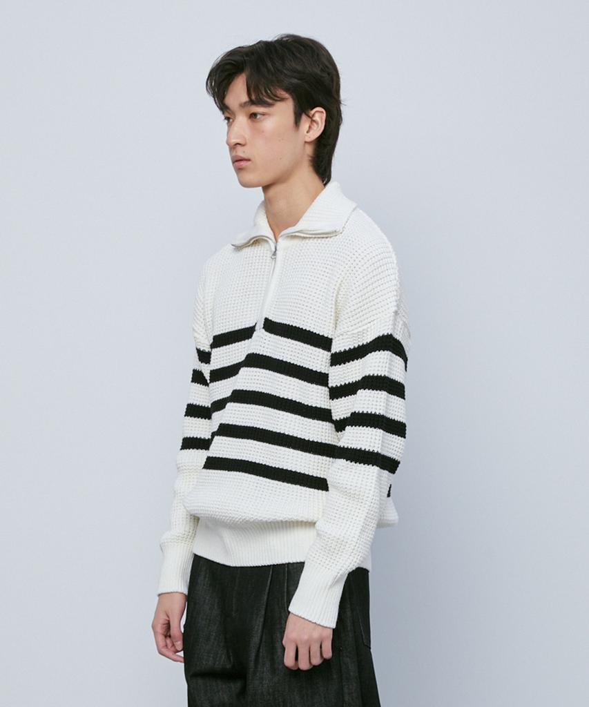 KNITTED Soft Cotton Heavy Waffle Half Zip Knit Stripe Ivory
