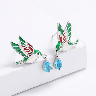 Fashion Bird Earrings for Women Creative Handmade Enamel Jewelry Earrings Hummingbird Blue Zircon WomenEarrings High-quality Earrings Anniversary Gift