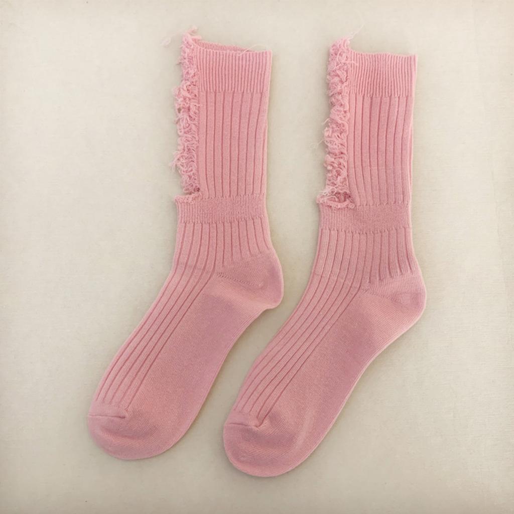 Women Ripped Socks Solid Color Hip Hop Skateboard Streetwear Calf High Hosiery