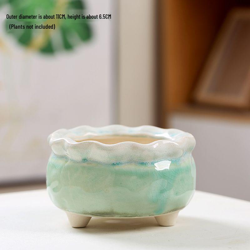 Ceramic Succulent Flower Pot with Ice Crack Glaze, Creative Design, Breathable with Drainage Holes.