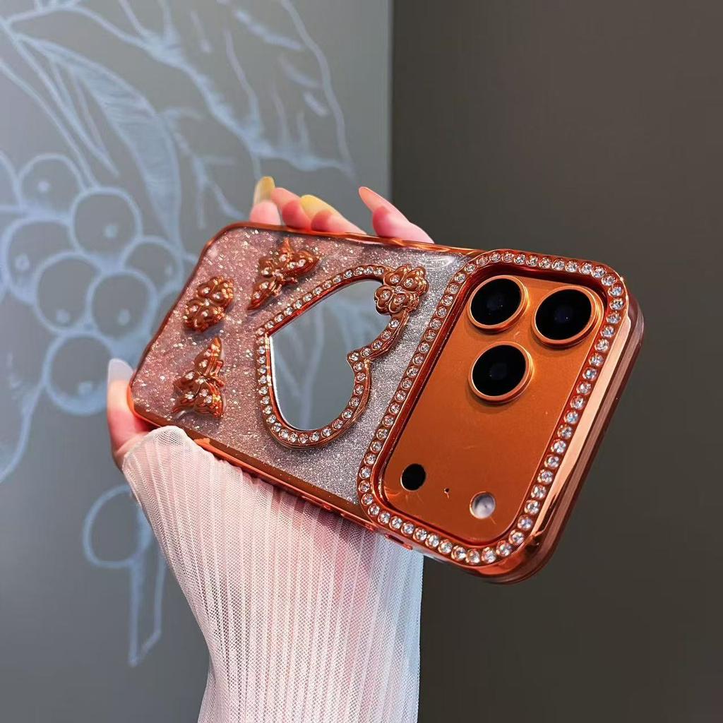 Luxe Galvanisch Gecoate Vlinder Glitters Diamant Hoesje voor IPhone 17 16 15 14 13 12 Pro Max Transparante Hart Make-up Spiegel Cover