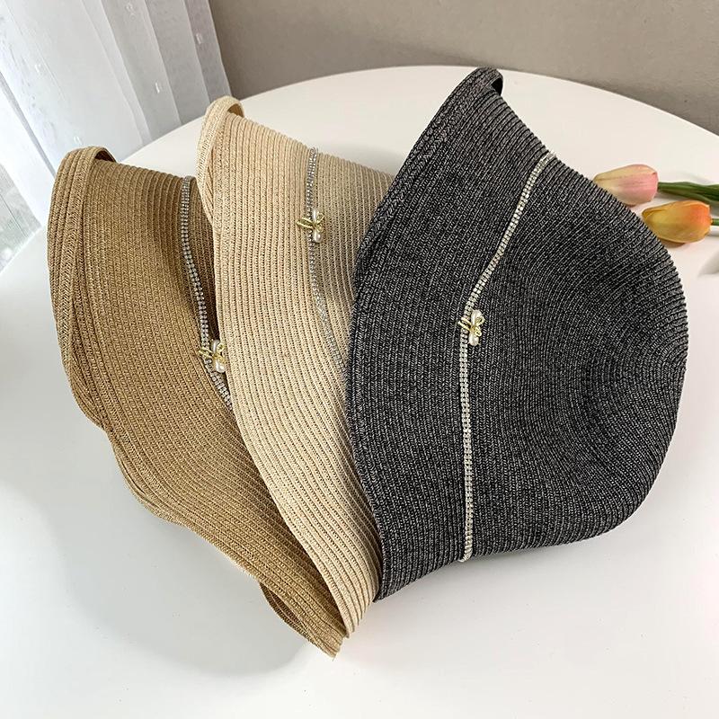 Elegant diamond-encrusted straw weaving sunscreen hat for women's summer travel foldable crimped straw hat casual sunshade cool hat tide