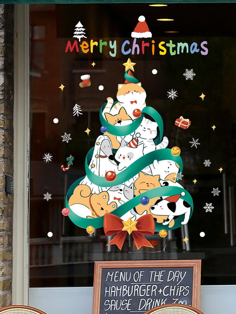 

40.5x53cm Animal Christmas Tree Wall Stickers Cartoon Window Static Decorative Stickers PVC Cat Dog Animals Christmas Tree Window Stickers