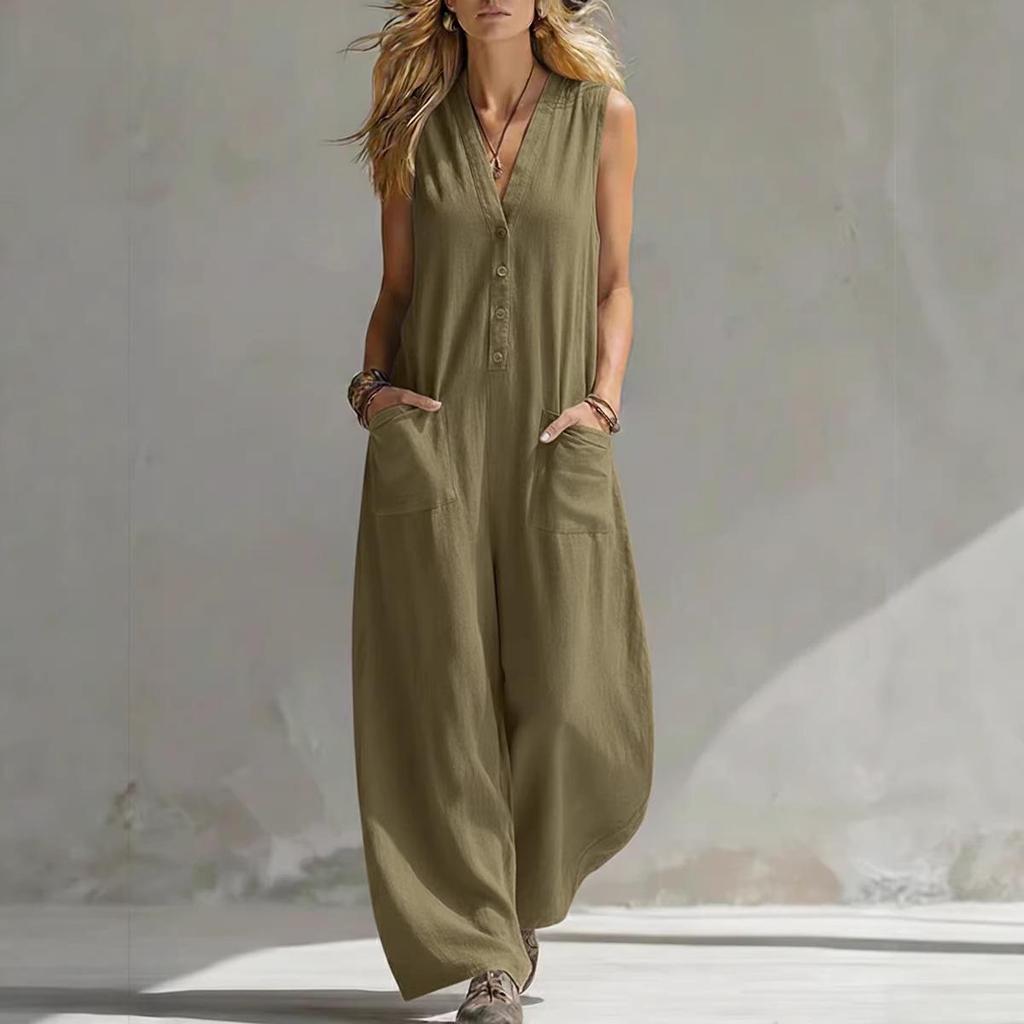 2026 European & American Style Dual Pocket Sleeveless Linen-Cotton Jumpsuit