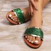 Foreign Trade Large Size Summer New One-word Sequin Sandals Women Wear Square Head Open Toe Flat Bottom Beach Women's Sandals