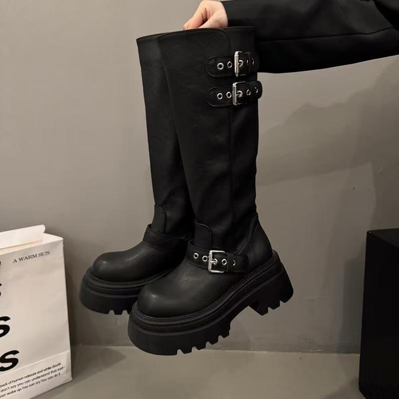 

Retro French black platform boots, new summer small fat mm thin and heightened knight boots 35【inner length 22.5cm】 чёрный