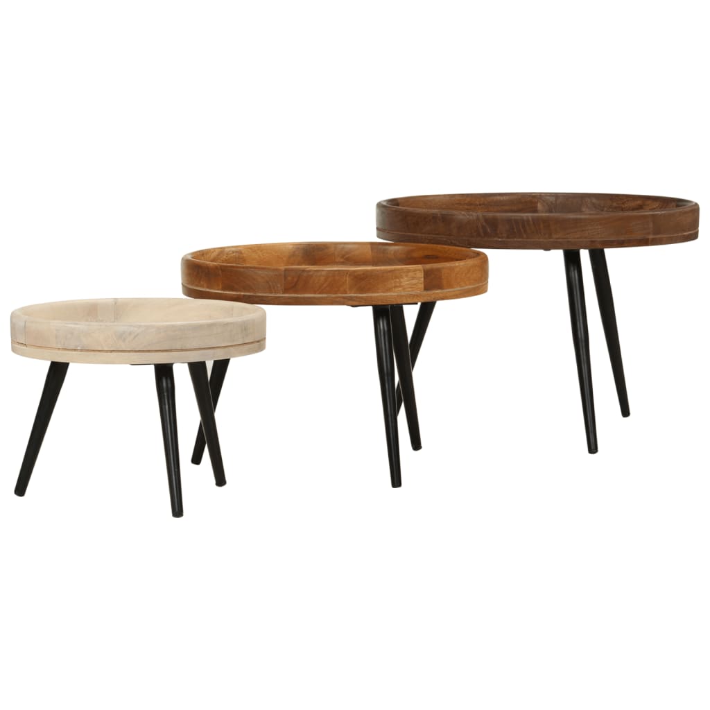 3 Piece Round Coffee Tables Set Solid Mango Wood