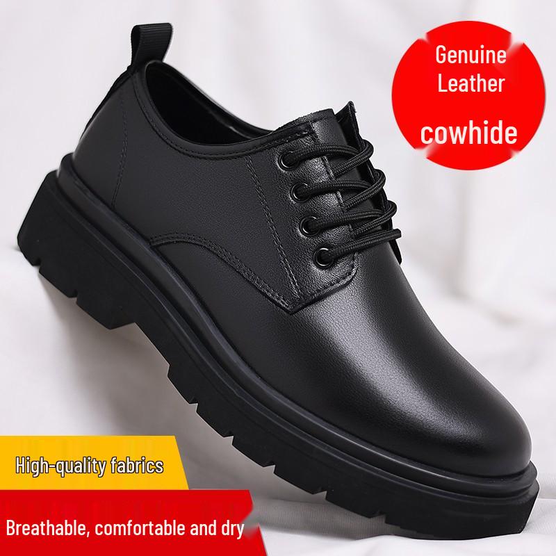 Men's Black Leather Derby Shoes, Casual Spring Style with Thick Soles, Low-Top Formal Wedding Martin Boots.
