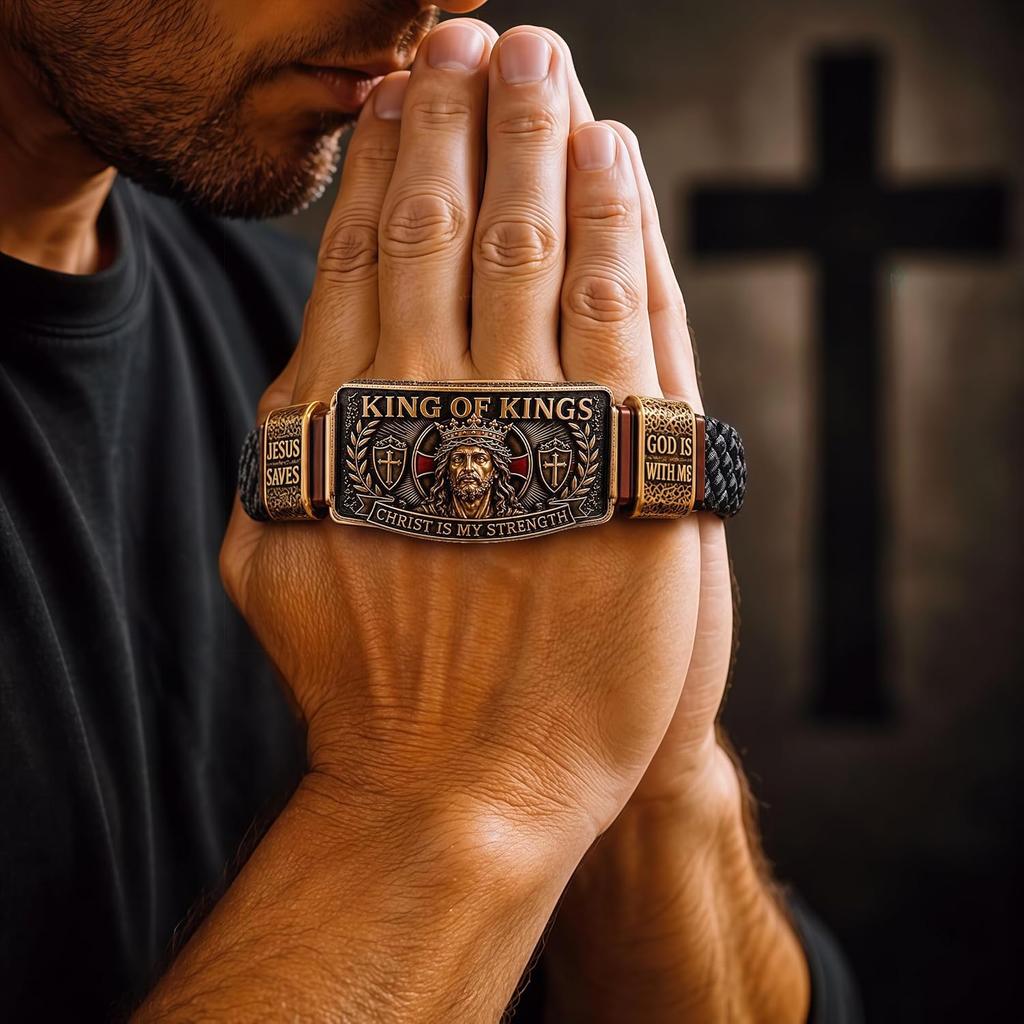 King of Kings Faith Bracelet Adjustable Christ Is My Strength Religious Inspirational Wristband,  Christian Wristband Gift for Men Husband Dad
