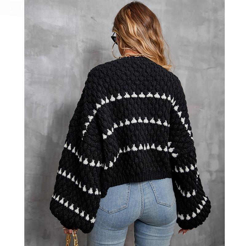 Striped Round Neck Pullover Chunky Needle Sweater Women Loose Lazy Style Long Sleeve Knit Tops