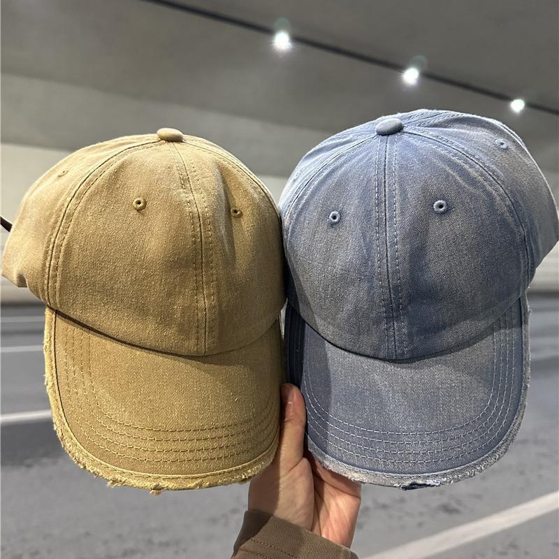 New vintage washed denim baseball cap with holes, retro duckbill cap for men and women, frayed edge sun hat, versatile