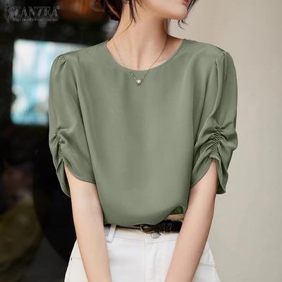 Women Casual Round Neck Loose Summer Short Sleeve Blouse