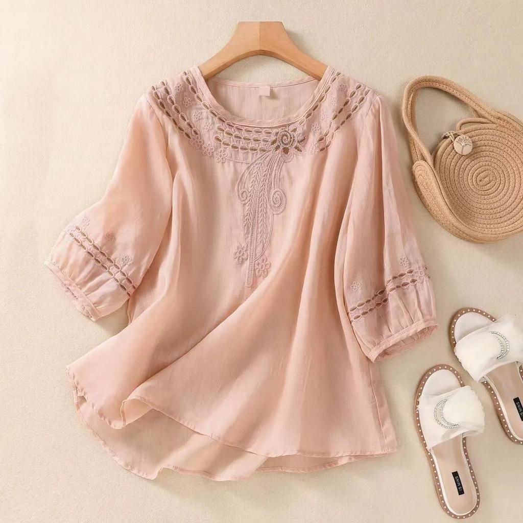 Women's Summer Temperament Loose Seven Sleeve Tops Literary Vintage Cotton and Linen Embroidery Shirt