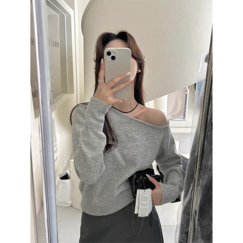 Pink diagonal neck knitted bottoming shirt women's spring off-the-shoulder Spice Girl top temperament versatile sweater