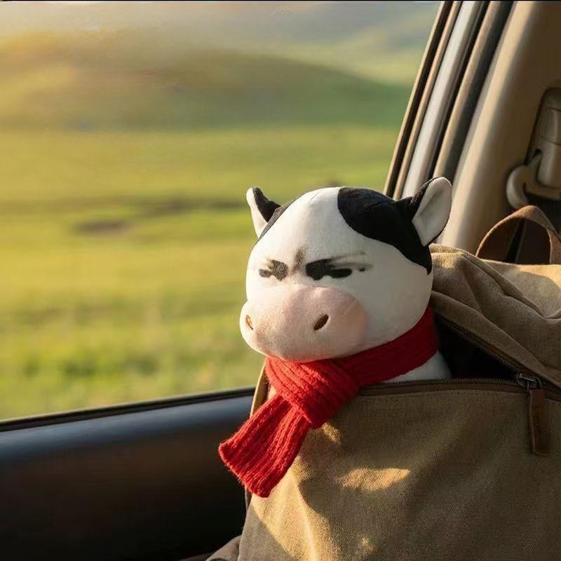 Cute Cow Plush Toy With Red Scarf Soft Stuffed Cow Doll Funny Grumpy Face Cow Plushie For Kids Adults Home Decor Festival Gift