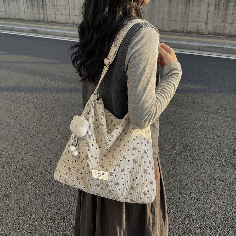 Cute bow canvas tote bag women's leisure large capacity shoulder bag student commuter messenger bag