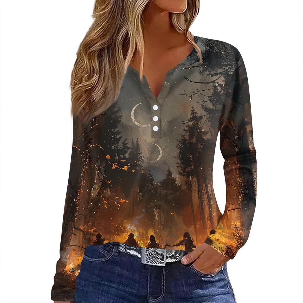 Women's T Shirt Tee HAlloween Print Button Long Sleeve Daily Weekend Fashion Basic V- Neck Regular Top